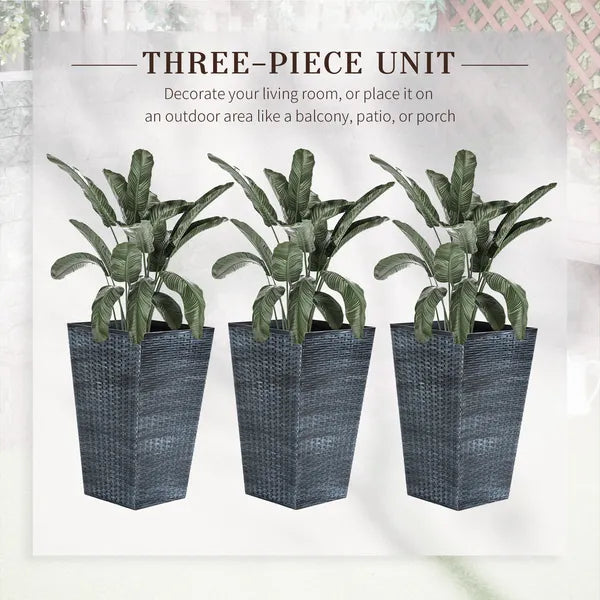 Outsunny Rattan-Style Plastic Planters with Drainage Holes, Set of 3 - 24 Inch Height, Grey - product image 5