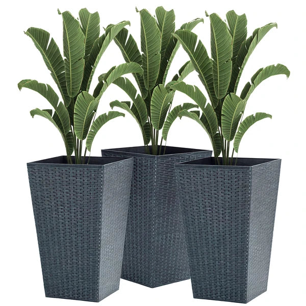 Outsunny Rattan-Style Plastic Planters with Drainage Holes, Set of 3 - 24 Inch Height, Grey - product image 1
