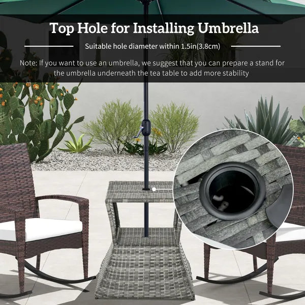 Outsunny Rattan Tea Bistro Side Table with Umbrella Hole, 2-Tier Storage Shelf, Gray, for Patio and Backyard - product image 5