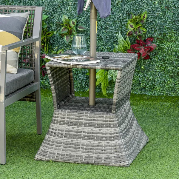 Outsunny Rattan Tea Bistro Side Table with Umbrella Hole, 2-Tier Storage Shelf, Gray, for Patio and Backyard - product image 2