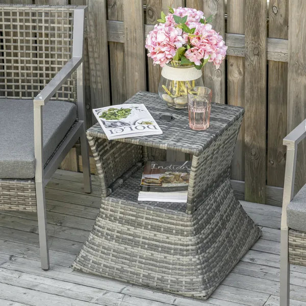 Outsunny Rattan Tea Bistro Side Table with Umbrella Hole, 2-Tier Storage Shelf, Gray, for Patio and Backyard - product image 10