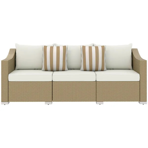 Outsunny Rattan Wicker 3 Seater Patio Couch with Cushions, 2 Throw Pillows, Outdoor Furniture Rattan Sofa, Cream White - product image 1