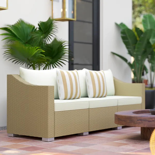 Outsunny Rattan Wicker 3 Seater Patio Couch with Cushions, 2 Throw Pillows, Outdoor Furniture Rattan Sofa, Cream White - product image 8