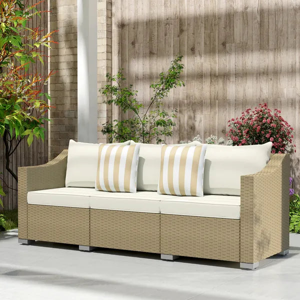 Outsunny Rattan Wicker 3 Seater Patio Couch with Cushions, 2 Throw Pillows, Outdoor Furniture Rattan Sofa, Cream White - product image 7