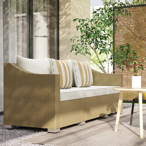 Outsunny Rattan Wicker 3 Seater Patio Couch with Cushions, 2 Throw Pillows, Outdoor Furniture Rattan Sofa, Cream White - product image 2