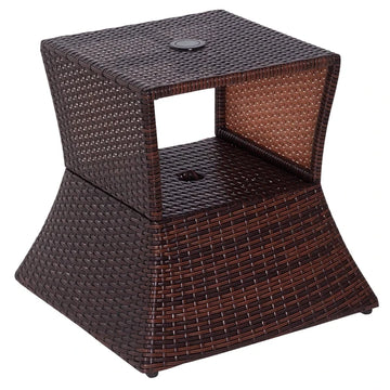 Outsunny Rattan Wicker Patio Side Table with Umbrella Hole 2 Tier Storage All-Weather Garden Furniture Mixed Brown - product image 1
