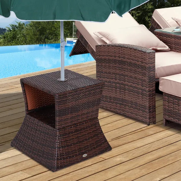 Outsunny Rattan Wicker Patio Side Table with Umbrella Hole 2 Tier Storage All-Weather Garden Furniture Mixed Brown - product image 10