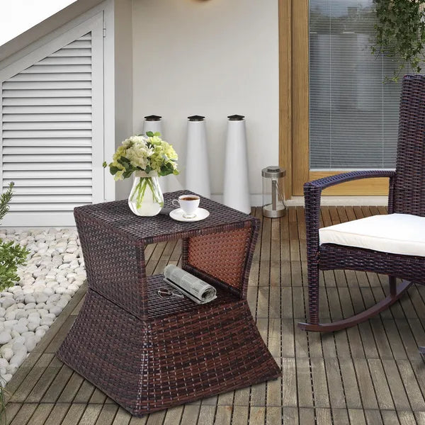 Outsunny Rattan Wicker Patio Side Table with Umbrella Hole 2 Tier Storage All-Weather Garden Furniture Mixed Brown - product image 2