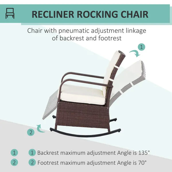 Outsunny Rattan Wicker Rocking Recliner Chair with White Cushions and Adjustable Footrest Brown - product image 5
