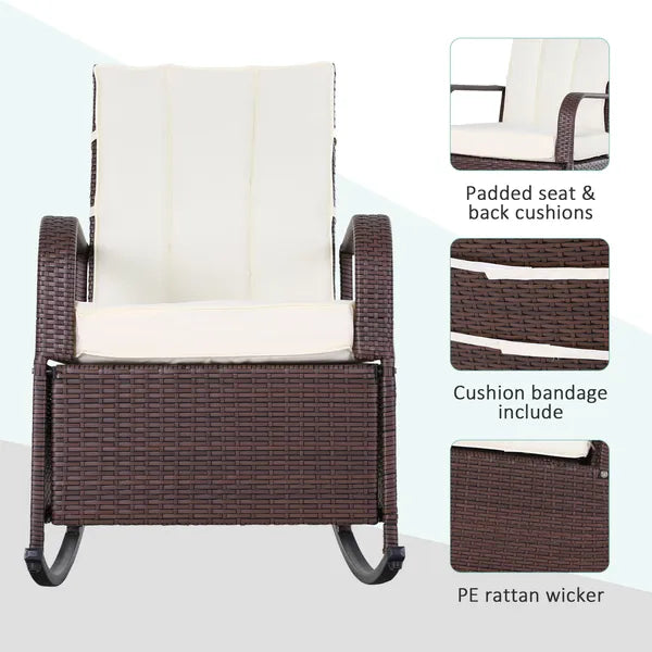 Outsunny Rattan Wicker Rocking Recliner Chair with White Cushions and Adjustable Footrest Brown - product image 7