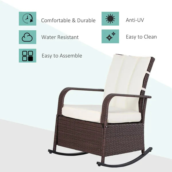 Outsunny Rattan Wicker Rocking Recliner Chair with White Cushions and Adjustable Footrest Brown - product image 4