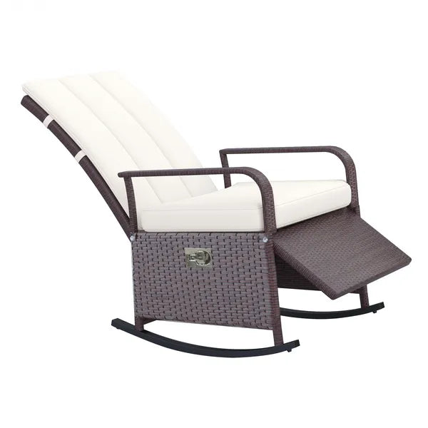 Outsunny Rattan Wicker Rocking Recliner Chair with White Cushions and Adjustable Footrest Brown - product image 1