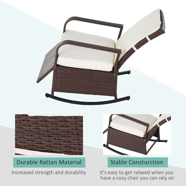 Outsunny Rattan Wicker Rocking Recliner Chair with White Cushions and Adjustable Footrest Brown - product image 6
