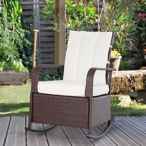 Outsunny Rattan Wicker Rocking Recliner Chair with White Cushions and Adjustable Footrest Brown - product image 2