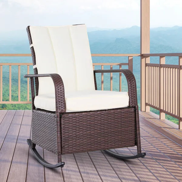 Outsunny Rattan Wicker Rocking Recliner Chair with White Cushions and Adjustable Footrest Brown - product image 10