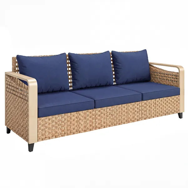 Rattan Wicker Sofa 3-Seater Outdoor Patio Sofa with Cushions for Garden Backyard Porch Dark Blue - product image 11