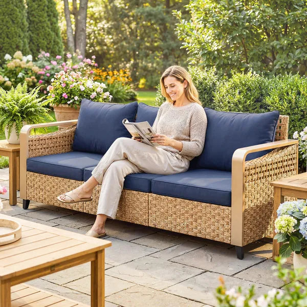 Rattan Wicker Sofa 3-Seater Outdoor Patio Sofa with Cushions for Garden Backyard Porch Dark Blue - product image 2