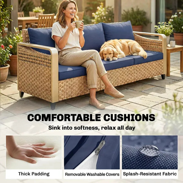 Rattan Wicker Sofa 3-Seater Outdoor Patio Sofa with Cushions for Garden Backyard Porch Dark Blue - product image 7