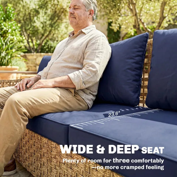 Rattan Wicker Sofa 3-Seater Outdoor Patio Sofa with Cushions for Garden Backyard Porch Dark Blue - product image 4