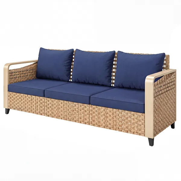 Rattan Wicker Sofa 3-Seater Outdoor Patio Sofa with Cushions for Garden Backyard Porch Dark Blue - product image 1