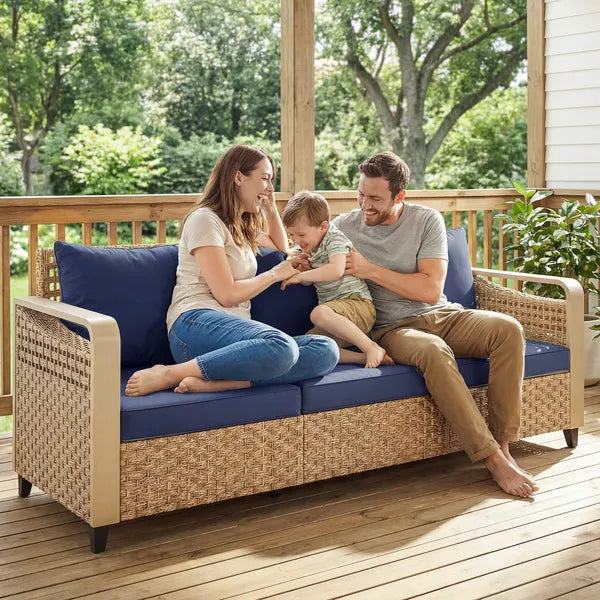 Rattan Wicker Sofa 3-Seater Outdoor Patio Sofa with Cushions for Garden Backyard Porch Dark Blue - product image 9