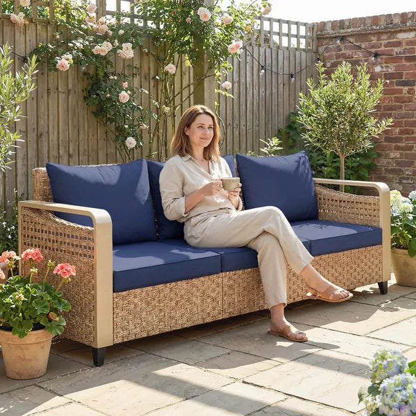 Rattan Wicker Sofa 3-Seater Outdoor Patio Sofa with Cushions for Garden Backyard Porch Dark Blue - product image 10