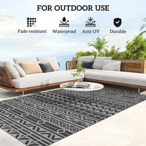 Outsunny Reversible Outdoor Rug, Waterproof Plastic Straw with Carry Bag, 6 ft x 9 ft, Black and Gray Geometric Wall - product image 6