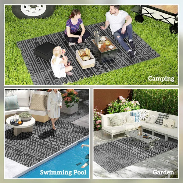 Outsunny Reversible Outdoor Rug, Waterproof Plastic Straw with Carry Bag, 6 ft x 9 ft, Black and Gray Geometric Wall - product image 5