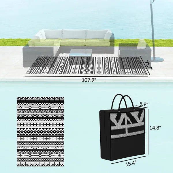 Outsunny Reversible Outdoor Rug, Waterproof Plastic Straw with Carry Bag, 6' x 9', Black and White Geometric Wall - product image 3