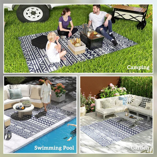 Outsunny Reversible Outdoor Rug, Waterproof Plastic Straw with Carry Bag, 6 ft x 9 ft, Blue and White Geometric - product image 5