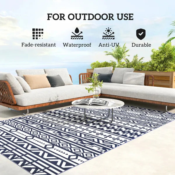 Outsunny Reversible Outdoor Rug, Waterproof Plastic Straw with Carry Bag, 6 ft x 9 ft, Blue and White Geometric - product image 6
