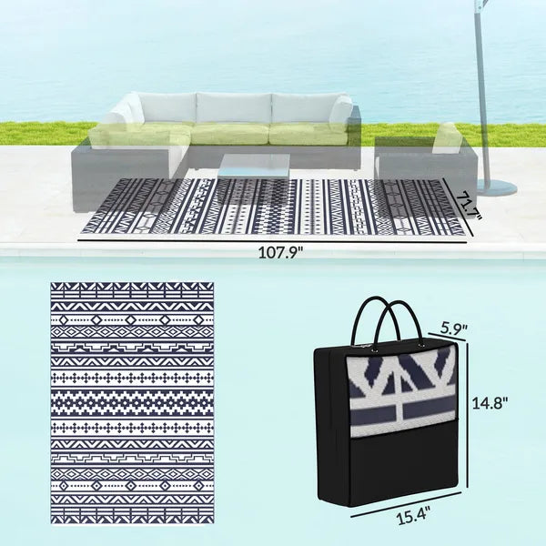 Outsunny Reversible Outdoor Rug, Waterproof Plastic Straw with Carry Bag, 6 ft x 9 ft, Blue and White Geometric - product image 3