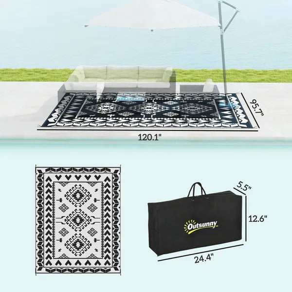 Outsunny Reversible Outdoor Rug, Waterproof Plastic Straw with Carry Bag, 8 ft x 10 ft, Black and White Rhombus Patchwork - product image 3