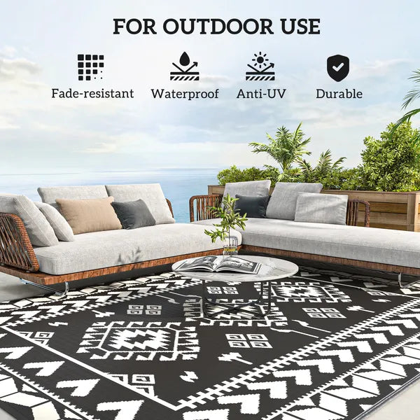 Outsunny Reversible Outdoor Rug, Waterproof Plastic Straw with Carry Bag, 8 ft x 10 ft, Black and White Rhombus Patchwork - product image 6