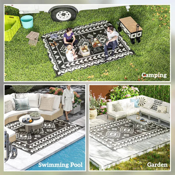 Outsunny Reversible Outdoor Rug, Waterproof Plastic Straw with Carry Bag, 8 ft x 10 ft, Black and White Rhombus Patchwork - product image 5