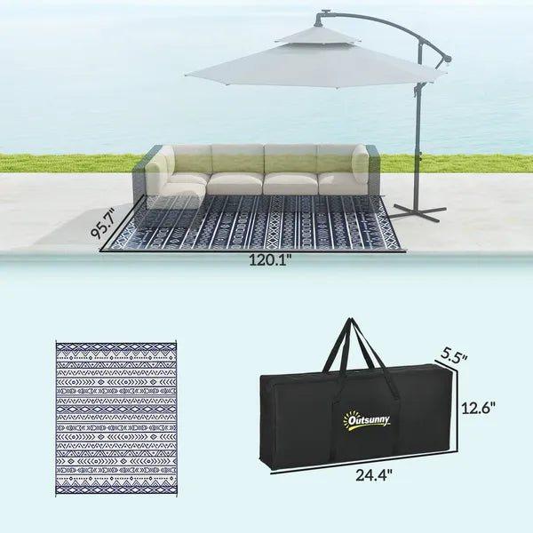 Outsunny Reversible Outdoor Rug, Waterproof Plastic Straw with Carry Bag, 8' x 10', Blue and White Geometric - product image 3