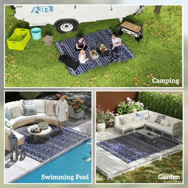 Outsunny Reversible Outdoor Rug, Waterproof Plastic Straw with Carry Bag, 8' x 10', Blue and White Geometric - product image 5