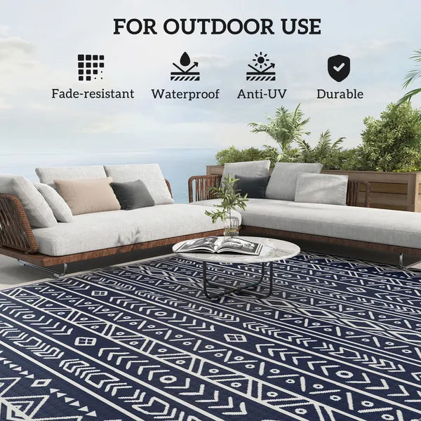 Outsunny Reversible Outdoor Rug, Waterproof Plastic Straw with Carry Bag, 8' x 10', Blue and White Geometric - product image 6