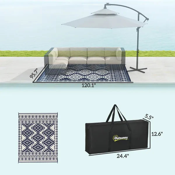 Outsunny Reversible Outdoor Rug, Waterproof Plastic Straw with Carry Bag, 8 ft x 10 ft, Blue and White Rhombus Border - product image 3