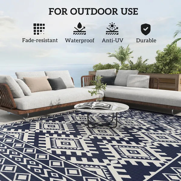 Outsunny Reversible Outdoor Rug, Waterproof Plastic Straw with Carry Bag, 8 ft x 10 ft, Blue and White Rhombus Border - product image 6