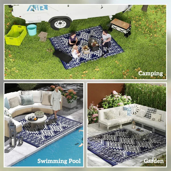 Outsunny Reversible Outdoor Rug, Waterproof Plastic Straw with Carry Bag, 8 ft x 10 ft, Blue and White Rhombus Border - product image 5