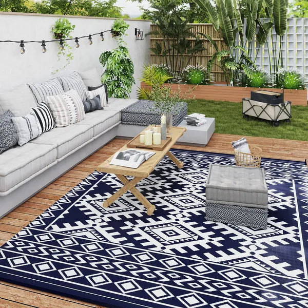 Outsunny Reversible Outdoor Rug, Waterproof Plastic Straw with Carry Bag, 8 ft x 10 ft, Blue and White Rhombus Border - product image 10