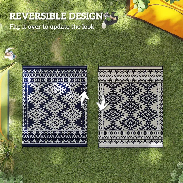 Outsunny Reversible Outdoor Rug, Waterproof Plastic Straw with Carry Bag, 8 ft x 10 ft, Blue and White Rhombus Border - product image 7