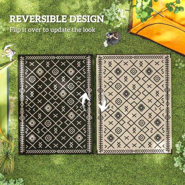 Outsunny Reversible Outdoor Rug, Waterproof Plastic Straw with Carry Bag, 9 ft x 12 ft, Black and Beige Rhombus - product image 7