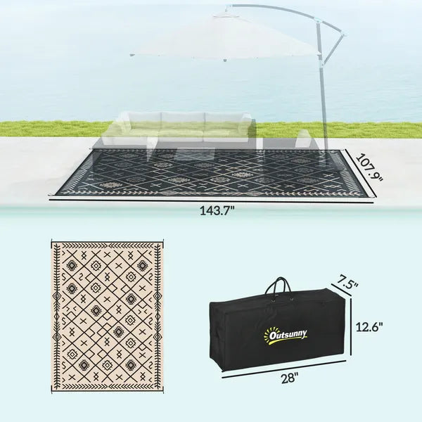 Outsunny Reversible Outdoor Rug, Waterproof Plastic Straw with Carry Bag, 9 ft x 12 ft, Black and Beige Rhombus - product image 3