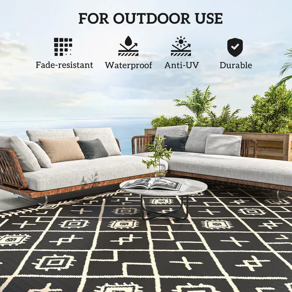 Outsunny Reversible Outdoor Rug, Waterproof Plastic Straw with Carry Bag, 9 ft x 12 ft, Black and Beige Rhombus - product image 6