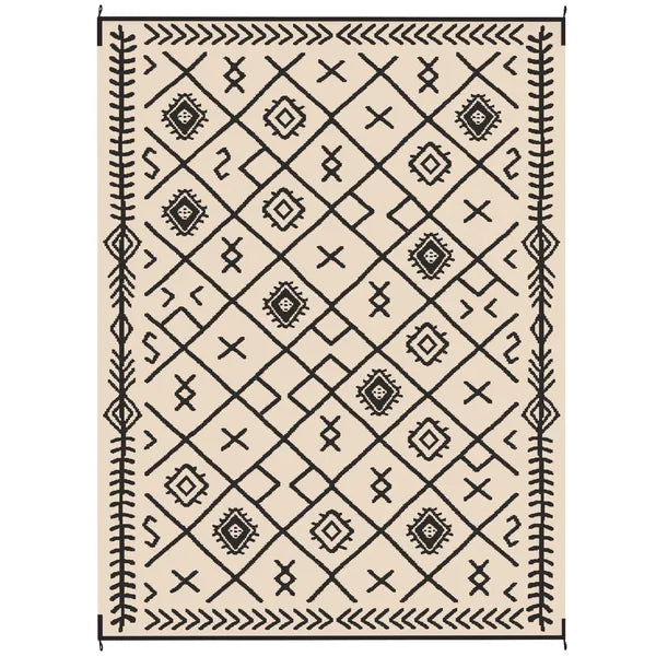 Outsunny Reversible Outdoor Rug, Waterproof Plastic Straw with Carry Bag, 9 ft x 12 ft, Black and Beige Rhombus - product image 1