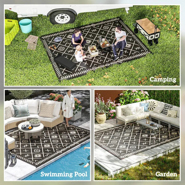 Outsunny Reversible Outdoor Rug, Waterproof Plastic Straw with Carry Bag, 9 ft x 12 ft, Black and Beige Rhombus - product image 5