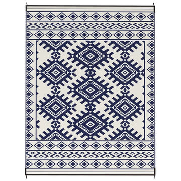 Reversible Outdoor Rug, Waterproof Plastic Straw with Carry Bag, 9' x 12', Blue and White Rhombus Border - product image 1