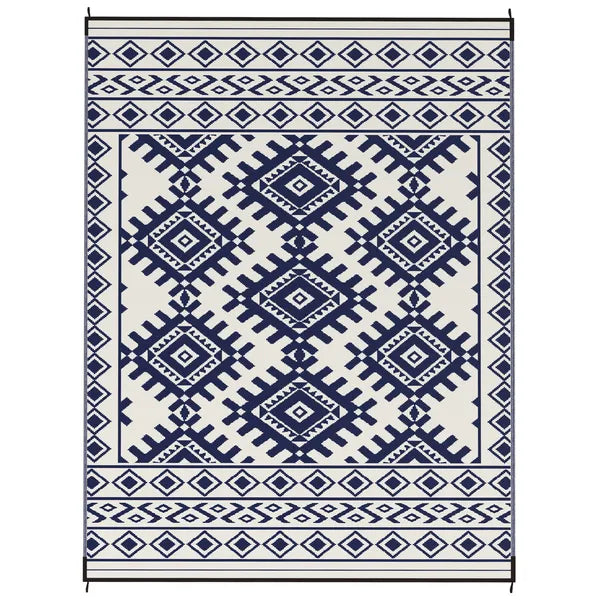 Reversible Outdoor Rug, Waterproof Plastic Straw with Carry Bag, 9' x 12', Blue and White Rhombus Border - product image 1